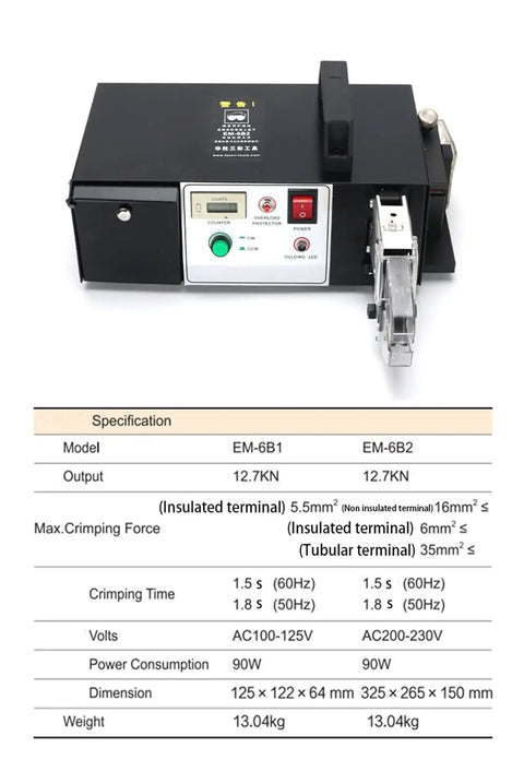 Automatic Pneumatic Terminal Crimping Machine With Electric Cold Press Function And Wire Stripping Plus Cutting Capability. Top view with specifications.
