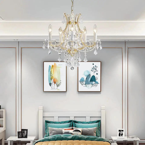 Gold 5 Light Maria Theresa Crystal Chandelier With Adjustable Chain Up To 52 Inches E12 Bulb Ready LED Compatible Modern Luxury Ceiling Fixture For Bedroom Dining Room Living Room 19 By 19 Inches Lit Glam Glow hanging in bedroom