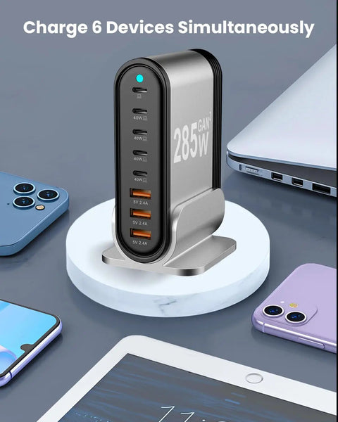 Powerhouse 8 Port USB C Fast Charger Dock With 285W Output, desktop dock charging multiple devices, sleek modern design