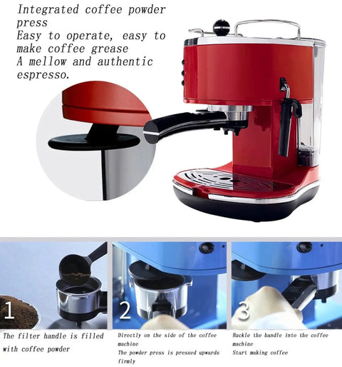 Semi Automatic Espresso Machine And Coffee Brewer With Built In Milk Frother One Point Five Liter Tank For Locking In Fresh Brews Every Single Day In Bold Red, showcasing integrated coffee press.