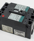 Premium Industrial Circuit Breaker 3 Pole 240 Volt 50 Amp Thermal Magnetic Molded Case angle view with label details
