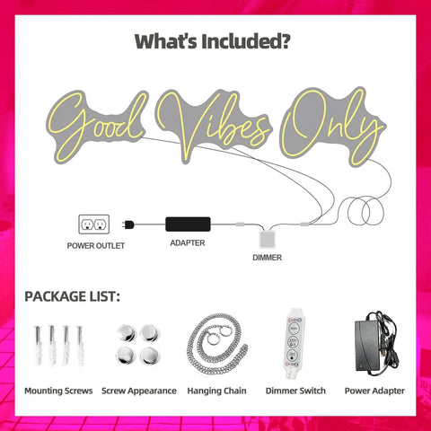 Good Vibes Only Neon Sign For Walls Large LED Neon Light package contents including adapter, dimmer, and installation tools.