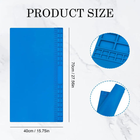 Oversized Soldering Mat 27.6 by 15.7 Inches Heat Resistant Silicone Workbench Surface shown with compartments and measurements.