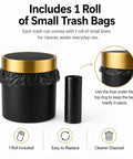 Mini Desktop Trash Can With Swing Lid Sleek Black And Brushed Gold Rim 1.5 Liter Capacity with small trash bag roll