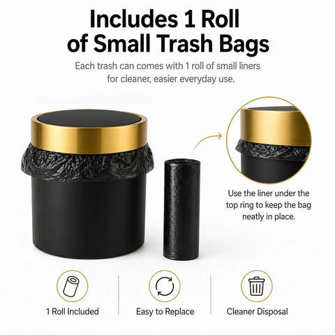 Mini Desktop Trash Can With Swing Lid Sleek Black And Brushed Gold Rim 1.5 Liter Capacity with small trash bag roll