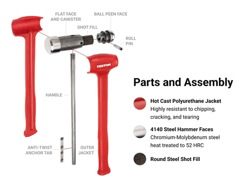 36 Oz Ball Peen Dead Blow Hammer With Nonslip Grip For Low Rebound Hits And Maximum Control, Great For Metalworking And Diy Projects, Model HDB50036 Made In USA, showing parts and assembly.