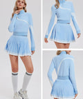 Women 2 Piece Golf And Tennis Skirt Set Half Zip Long Sleeve Pullover Top With Pleated Tennis Skirt With Shorts And Pockets Baby Blue Athletic Tracksuit For All Day Comfy, model posing front, side, and back.