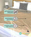 EMF Shielding Large Bed Blanket Made From Organic Cotton With Silver Lining For Daily Sleep Protection, shown on bed