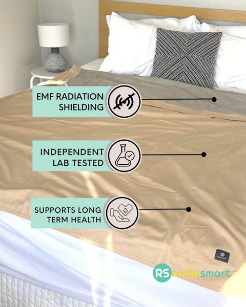 EMF Shielding Large Bed Blanket Made From Organic Cotton With Silver Lining For Daily Sleep Protection, shown on bed