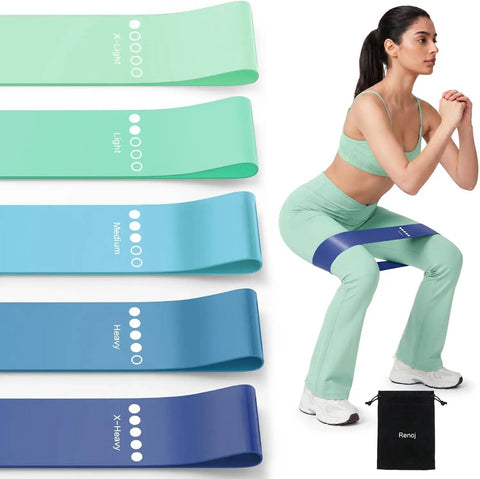 Five Pack Resistance Bands Set For Home Gym Workouts Elastic Loop Bands with woman demonstrating squat exercise
