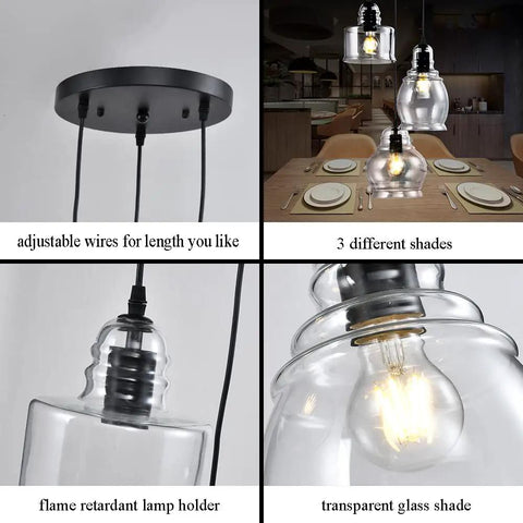 Four images show Three Light Modern Cluster Glass Pendant Lights With Amber Glass Shades for various home settings.