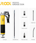 UTool grease gun kit with yellow pistol-grip gun and accessories: spring flex hose, straight and bend pipes, two normal couplers, sharp nozzle