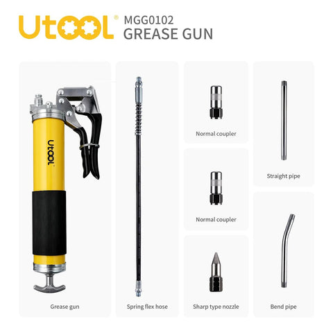 UTool grease gun kit with yellow pistol-grip gun and accessories: spring flex hose, straight and bend pipes, two normal couplers, sharp nozzle