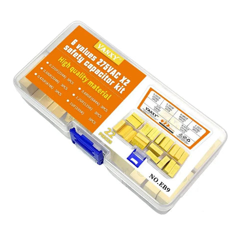Six Value MKP Safety Capacitor Kit Set With 22 Pieces, 275VAC X2, 22.5mm Pitch, 0.22uF 0.33uF 0.47uF 0.68uF 1uF 1.2uF in yellow case