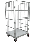 Heavy Duty Foldable Warehouse Push Trolley With Steel Mesh Cage And 1100 Pound Capacity Built Tough For Shifting Pallets And Boxes Daily, shown from side angle.