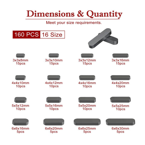 Woodruff key assortment, 160 pcs, 16 sizes (3x3x8mm–6x6x30mm), gray metal keys for small engines, Amazon.
