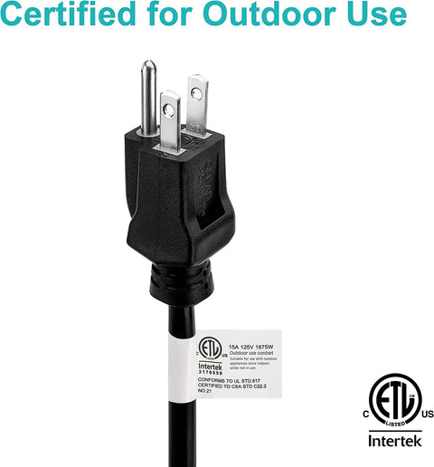 Close-up of plug on Workhorse 25 Foot Outdoor Extension Cord With Power Indicator Light 12 Gauge Three Conductor SJTW, ETL certified