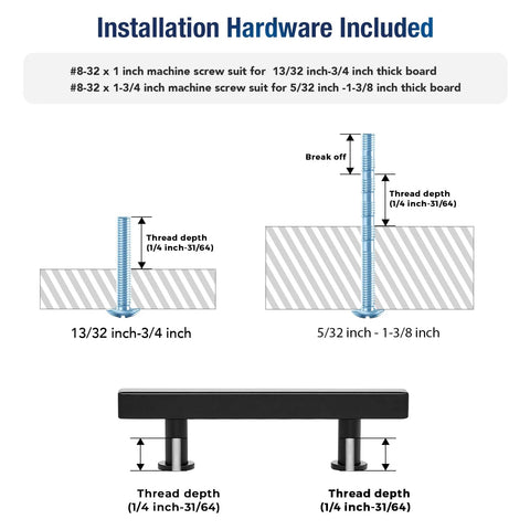 Installation hardware diagram for 10 Pack Matte Black 3 Inch Hole Center Cabinet Handles Stainless Steel Square Dresser Pulls.