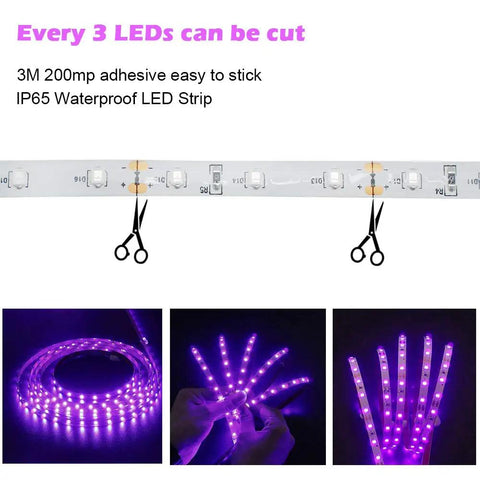 Ultra Bright 60W UV LED Black Light Strip Waterproof IP65 5M 300 LEDs 395nm-405nm SMD3528 showing cuttable sections