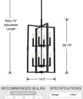 8 Light Farmhouse Rustic Vintage Chandelier For Dining Room And Kitchen Island Industrial Semi Flush Mount Ceiling Light Fixture For Hallway Entryway Bedroom UL Listed Easy Hardwired Install, black metal, adjustable length, specifications shown