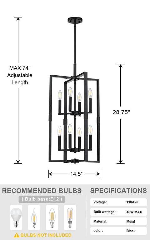 8 Light Farmhouse Rustic Vintage Chandelier For Dining Room And Kitchen Island Industrial Semi Flush Mount Ceiling Light Fixture For Hallway Entryway Bedroom UL Listed Easy Hardwired Install, black metal, adjustable length, specifications shown