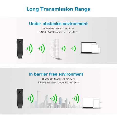 Diagram showing long transmission range of Compact Bluetooth Barcode Scanner For 1D And 2D Codes, Mini Wireless USB Cordless Reader.
