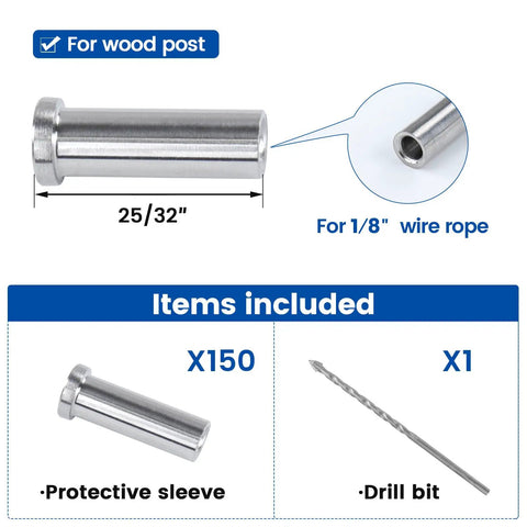 150 Pack One Eighth Inch Cable Railing Protector Sleeves T316 Stainless Steel For Wood Posts Deck Rails Built Tough Shield Covers Easy Install Wire Rope Sleeves Kit For Wood Posts And PVC Sleeves CR13, items included overview with protective sleeve and drill bit