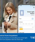 Woman using app on phone to control smart light switch with Smart 3 Way Dimmer Switch Kit With Matter Compatible.