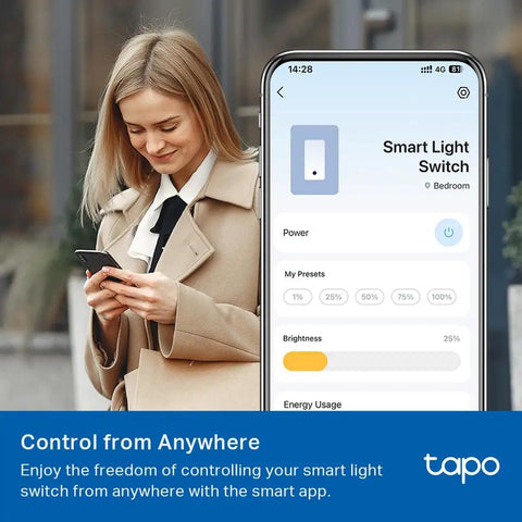 Woman using app on phone to control smart light switch with Smart 3 Way Dimmer Switch Kit With Matter Compatible.