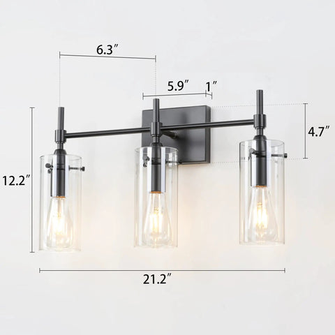 Three Light Black Vanity Light Fixture Over Mirror With Clear Glass Shades For Sleek Modern Bathroom E26 Bulb Compatible