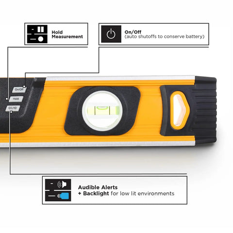 24 Inch Digital Level 0 To 180 Degrees With Large LCD Readout And Audible Alerts, close-up of measurement hold feature and backlight.