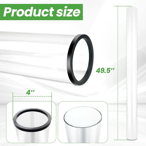 Glass Tube Replacement For Patio Heaters 49.5 Inch Tall 4 Inch Diameter With Silicone Connecting Ring Fits Four Sided Pyramid Flame Outdoor Heaters Durable Quartz Glass For Long Lasting Heat shown with dimensions