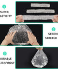 Beefy Thick Clear Disposable Shower Caps 30 Pack For Women 17.3 Inch Waterproof Hair Caps, showcasing stretch and durability.