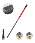 Guitar fret end file with red handle and double-sided filing blades; includes cleaning brush