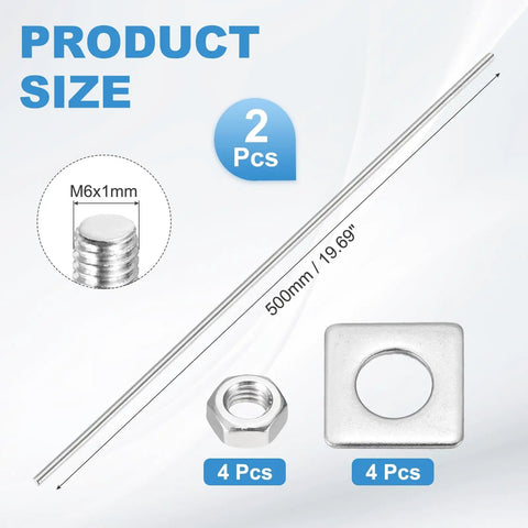 Twin Pack M6 X 500mm Fully Threaded Rods 201 Stainless Steel Right Hand Threads with Nuts and Square Washers in Package