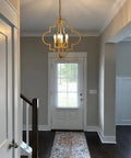 Golden Orb Chandelier Four Light Pendant Ceiling Fixture In Candle Style Geometric Design For Dining Room Foyer Hallway Entryway Living Room Brighten Your Space With Modern Glam Gold Finish 22.4 Inch Diameter hanging in foyer