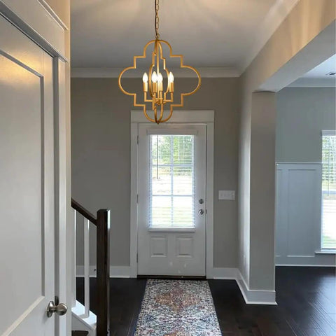 Golden Orb Chandelier Four Light Pendant Ceiling Fixture In Candle Style Geometric Design For Dining Room Foyer Hallway Entryway Living Room Brighten Your Space With Modern Glam Gold Finish 22.4 Inch Diameter hanging in foyer