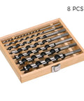 Badass Eight Piece Auger Drill Bit Set With Two Three Zero Millimeter Hex Shank Crafted For Deep Woodworking Tasks Across Six To Twenty Millimeter Dimensions Offers Hella Fast Cutting Power And Rock Steady Control, displayed in wooden case.