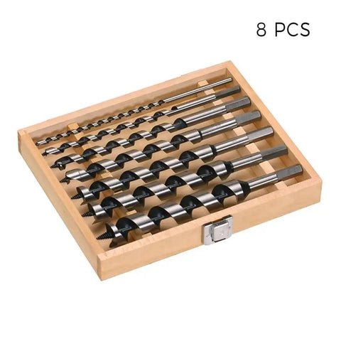 Badass Eight Piece Auger Drill Bit Set With Two Three Zero Millimeter Hex Shank Crafted For Deep Woodworking Tasks Across Six To Twenty Millimeter Dimensions Offers Hella Fast Cutting Power And Rock Steady Control, displayed in wooden case.