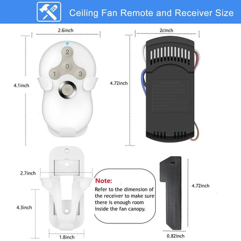 Dimensions of Universal Ceiling Fan Remote Control Kit With 3 Speed Light Dimmer including remote, receiver, bracket shown