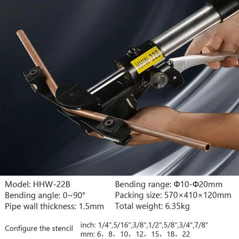 No Sweat One Hand Setup Smooth Gooseneck Bend Heavy Duty Hydraulic Tube Bender with copper tubing in use, model HHW-22B.