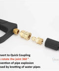 Heavy Duty Quarter Inch Brass Quick Connect Water Coupler For High Pressure Car Wash And Garden Irrigation Hose Hookup With Dependable Leak Free Seal showing 360° rotating joint and connectors.