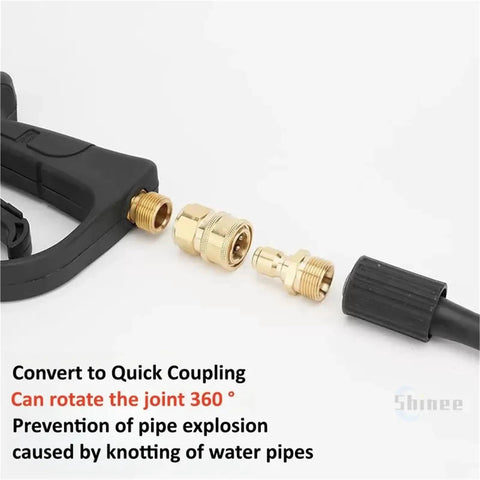 Heavy Duty Quarter Inch Brass Quick Connect Water Coupler For High Pressure Car Wash And Garden Irrigation Hose Hookup With Dependable Leak Free Seal showing 360° rotating joint and connectors.