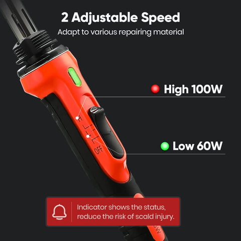 Close-up of the 100W Plastic Welding Kit with Soldering Tips Rapid Heat Up In Minutes, showing adjustable temperature control and indicator.