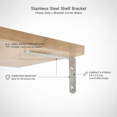 Heavy Duty Stainless Steel L Bracket Shelf Support For Furniture Reinforcement And Floating Shelves Rugged Corner Brace That Handles Big Loads 5.9 By 3.9 Inch 1 Pack Easy Install supporting wooden shelf