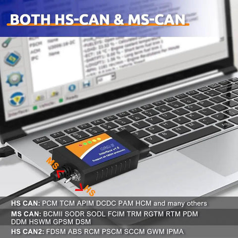 FORScan Ready OBD2 USB Adapter With MS HS CAN Switch connected to laptop running diagnostic software.