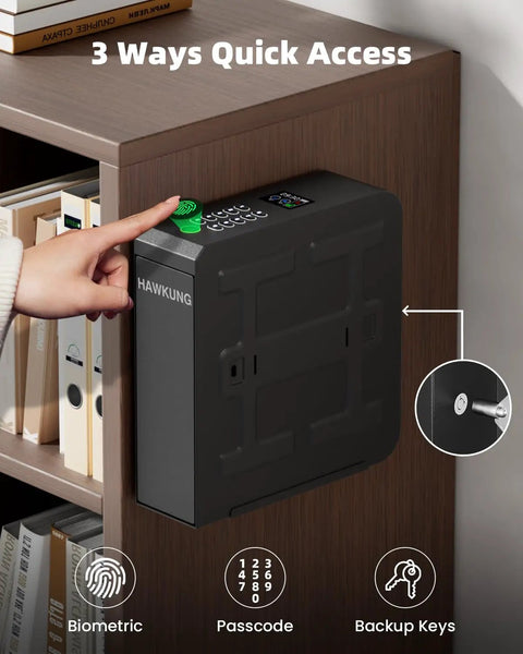 Slick Fingerprint Biometric Gun Safe With Slider Bedside Design For Handgun Quick Access Nightstand Mount featuring biometric and passcode access.