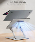 Ergonomic Adjustable Laptop Stand For Desk With Dual Foldable Riser And Heat Vent System, supports a laptop, side view