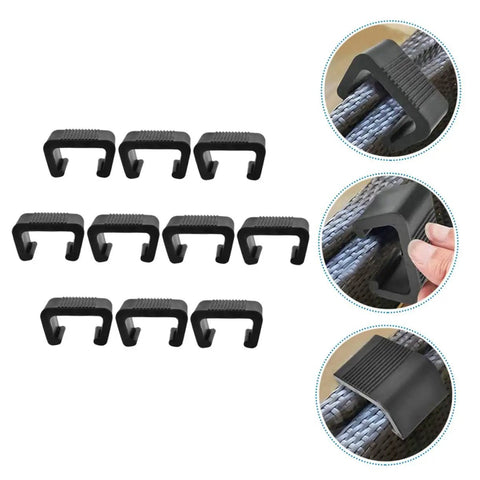 Zerodeko 10Pcs Outdoor Wicker Clips Rattan Sofa Fasteners for Sectional Chairs in black plastic, demonstrating use on wicker furniture.