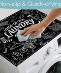 Funny Black Laundry Room Top Dust Cover Pad for Washer and Dryer, shown on washer with hand wiping surface.